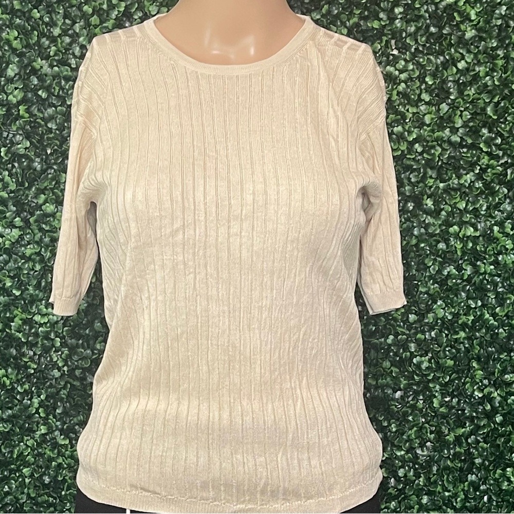 Charter Club, Cream Large Petite Top 100% Silk, Ribbed Fitted 3/4 Sleeve